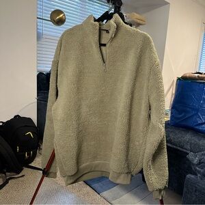 ASOS Design Dark Future Teddy Quarter Zip Pullover Sweatshirt in Moss Green